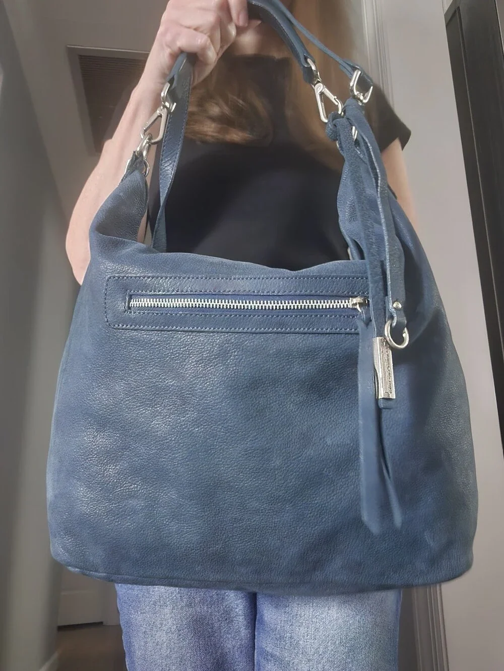 Gianni Chiarini Large Teal Blue Italian Leather Hobo Bag Silver Hardware
